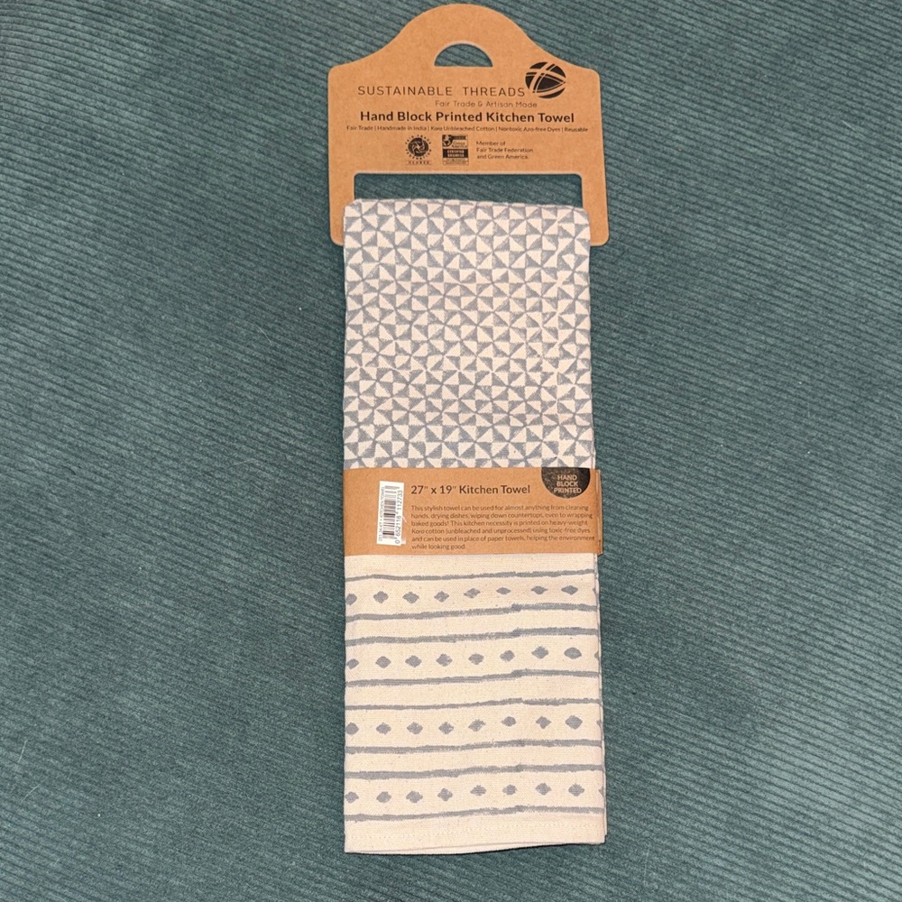 Sustainable Threads Block Hand Printed Feast Kitchen Towel Slate grey new tags